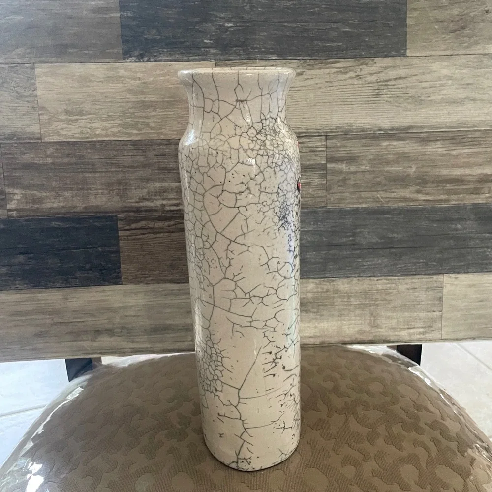 Artisan Raku Pottery Frog Vase Signed Hand Painted Crackle Glaze Ceramic 10 Inch